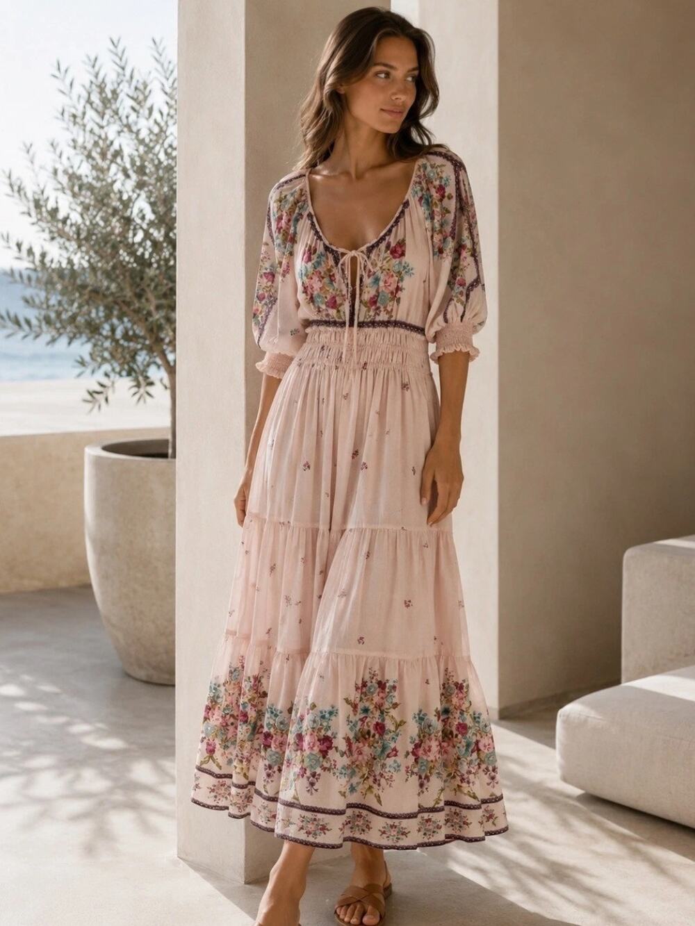 The Somerset Puff-Sleeve Maxi Dress Anthropologie cream floral womens medium